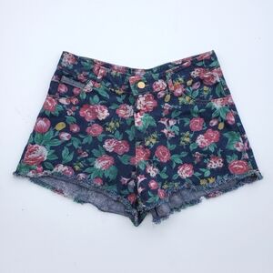 Zara Medium Floral Denim Shorts Pink Rose Flower Jean Short Raw Hem Regular Rise